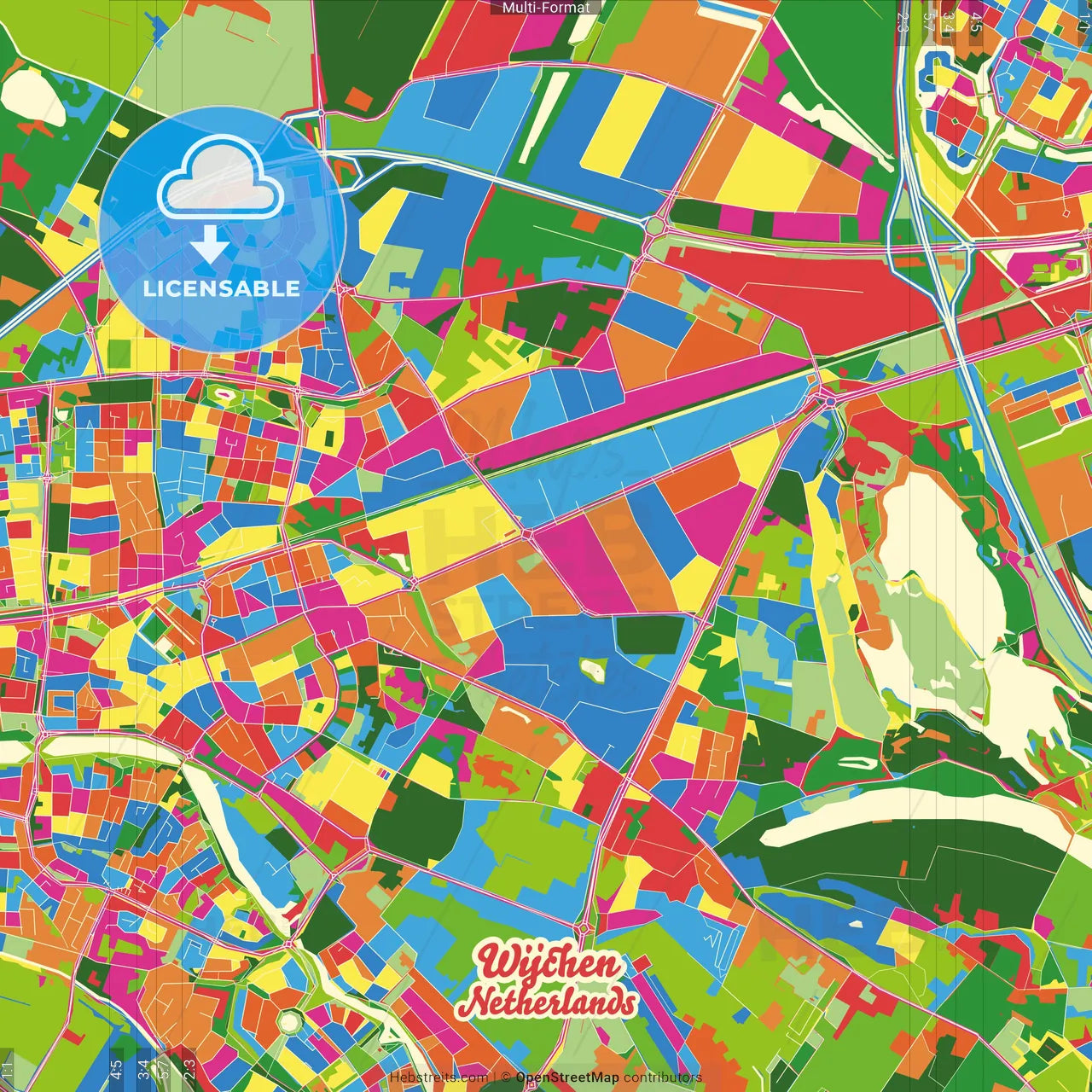 Wijchen, Gelderland, Netherlands Crazy Colorful Street Map Poster Template