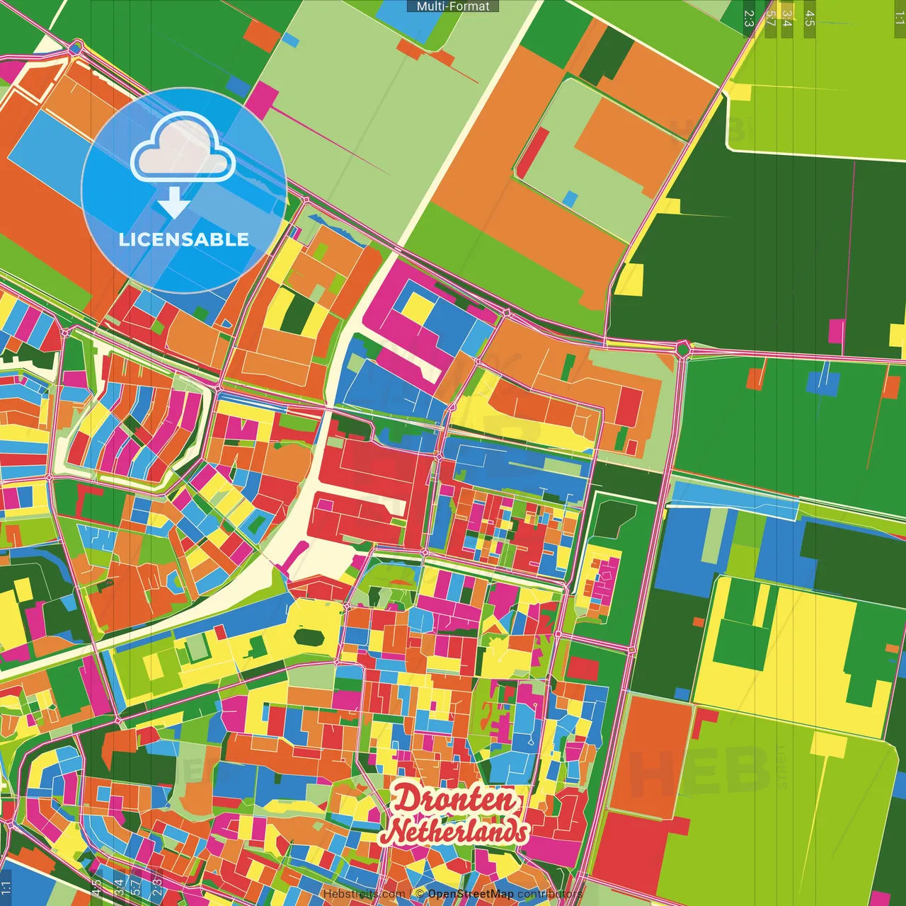 Dronten, Flevoland, Netherlands Crazy Colorful Street Map Poster Template