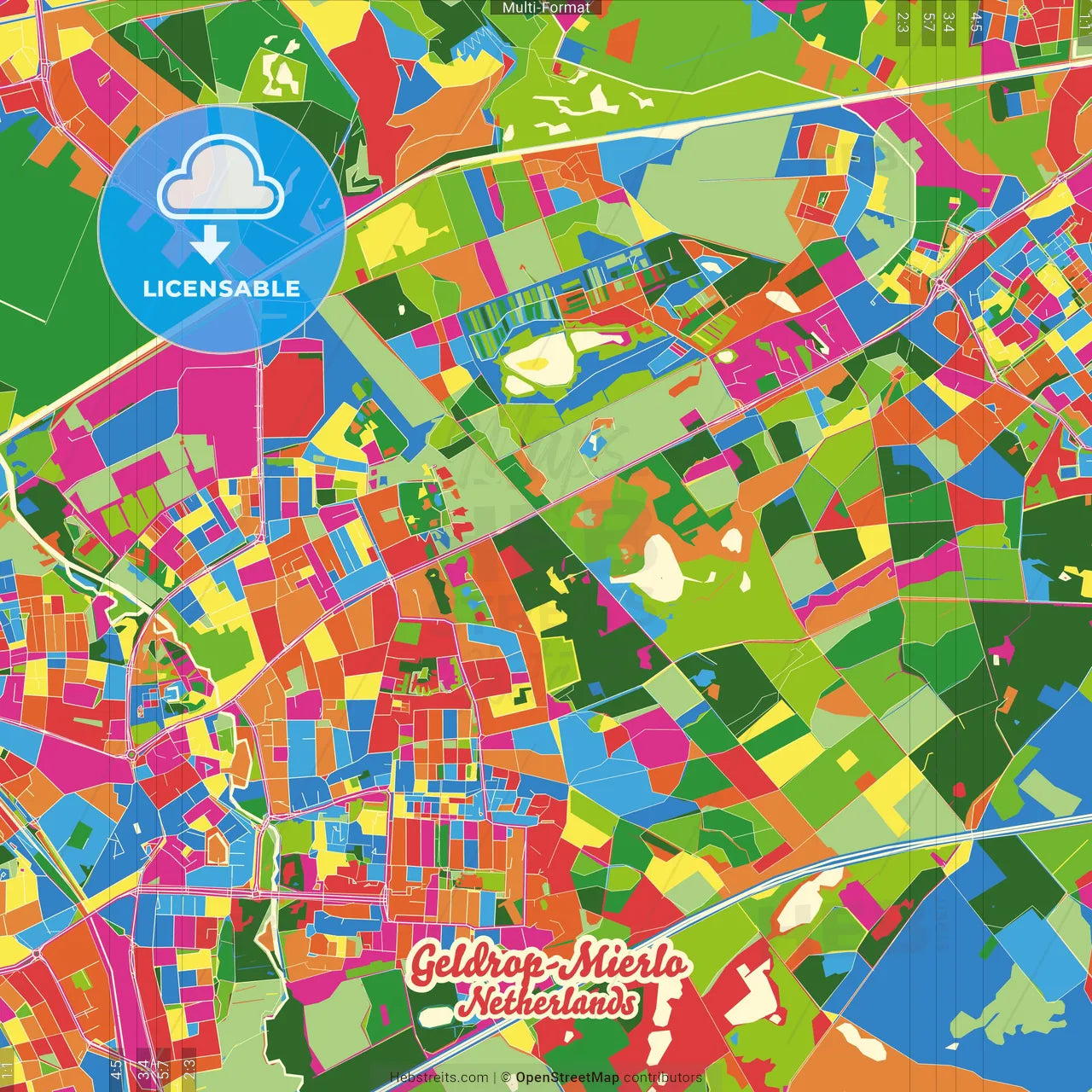 Geldrop-Mierlo, North Brabant, Netherlands Crazy Colorful Street Map Poster Template