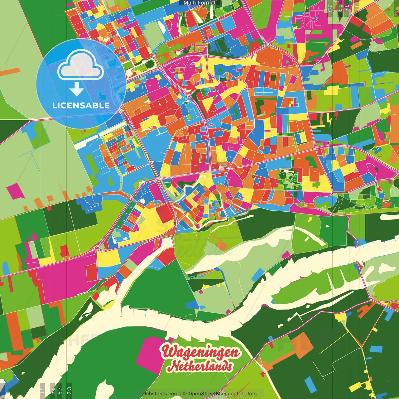 Wageningen, Gelderland, Netherlands Crazy Colorful Street Map Poster Template