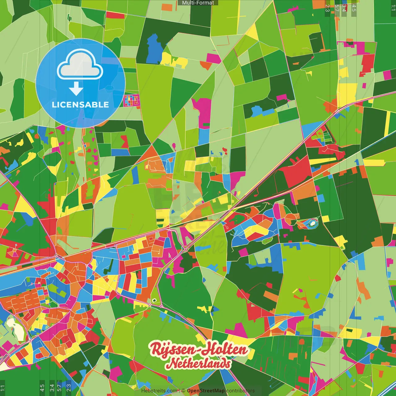 Rijssen-Holten, Overijssel, Netherlands Crazy Colorful Street Map Poster Template