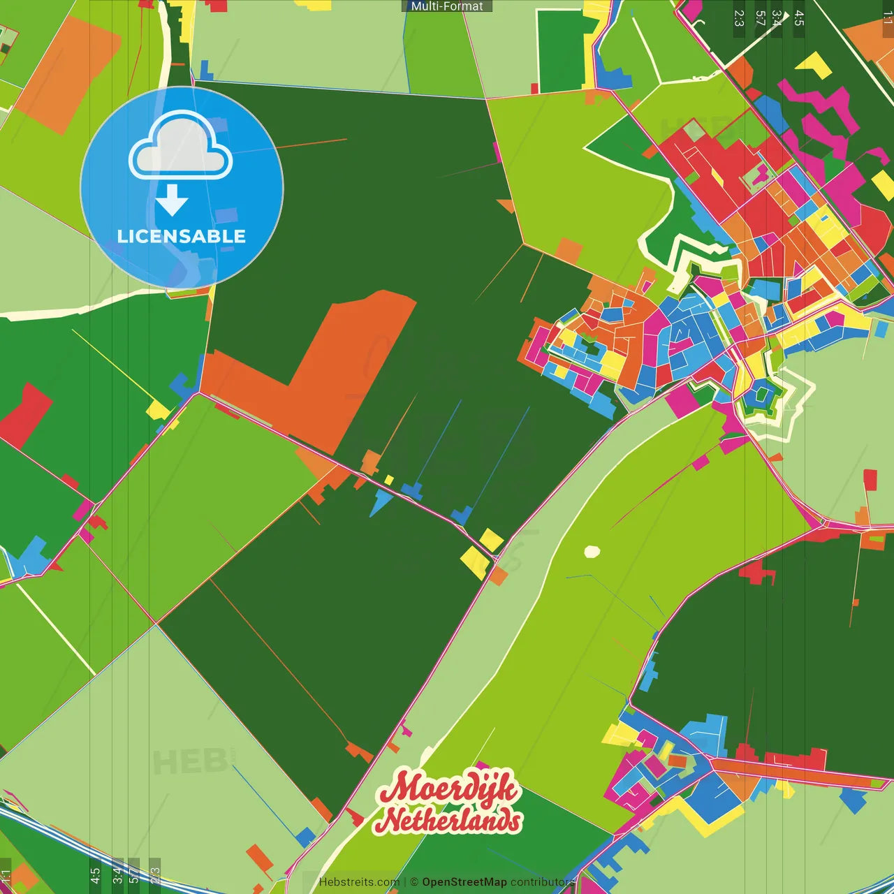 Moerdijk, North Brabant, Netherlands Crazy Colorful Street Map Poster Template