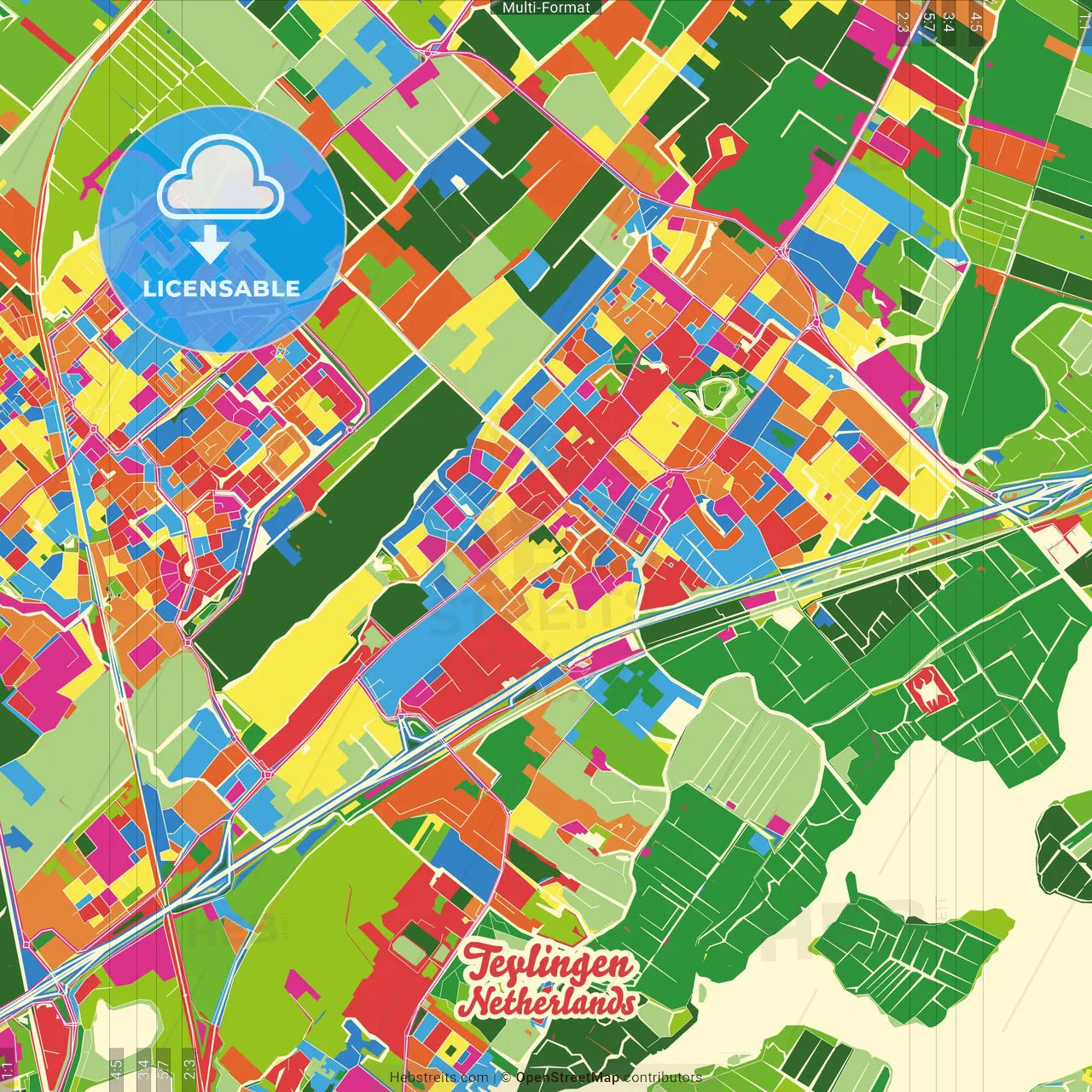 Teylingen, South Holland, Netherlands Crazy Colorful Street Map Poster Template