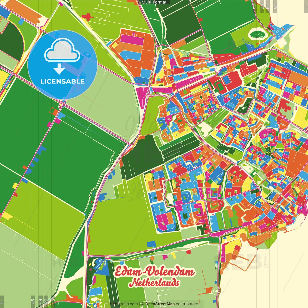 Edam-Volendam, North Holland, Netherlands Crazy Colorful Street Map Poster Template