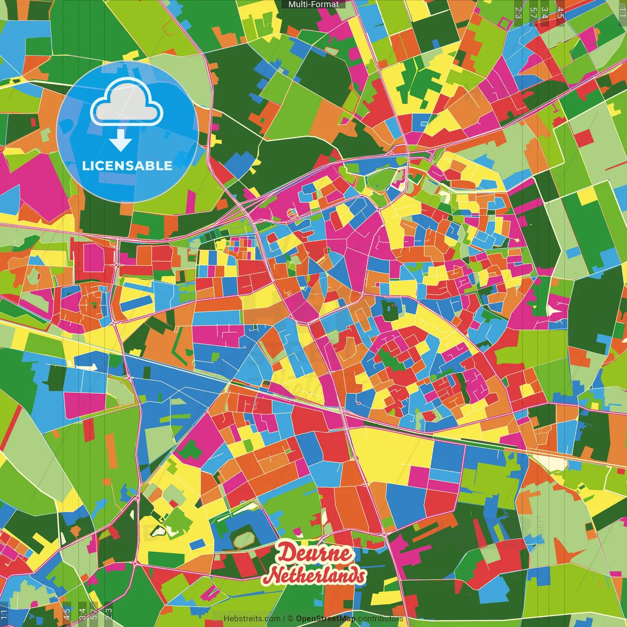Deurne, North Brabant, Netherlands Crazy Colorful Street Map Poster Template