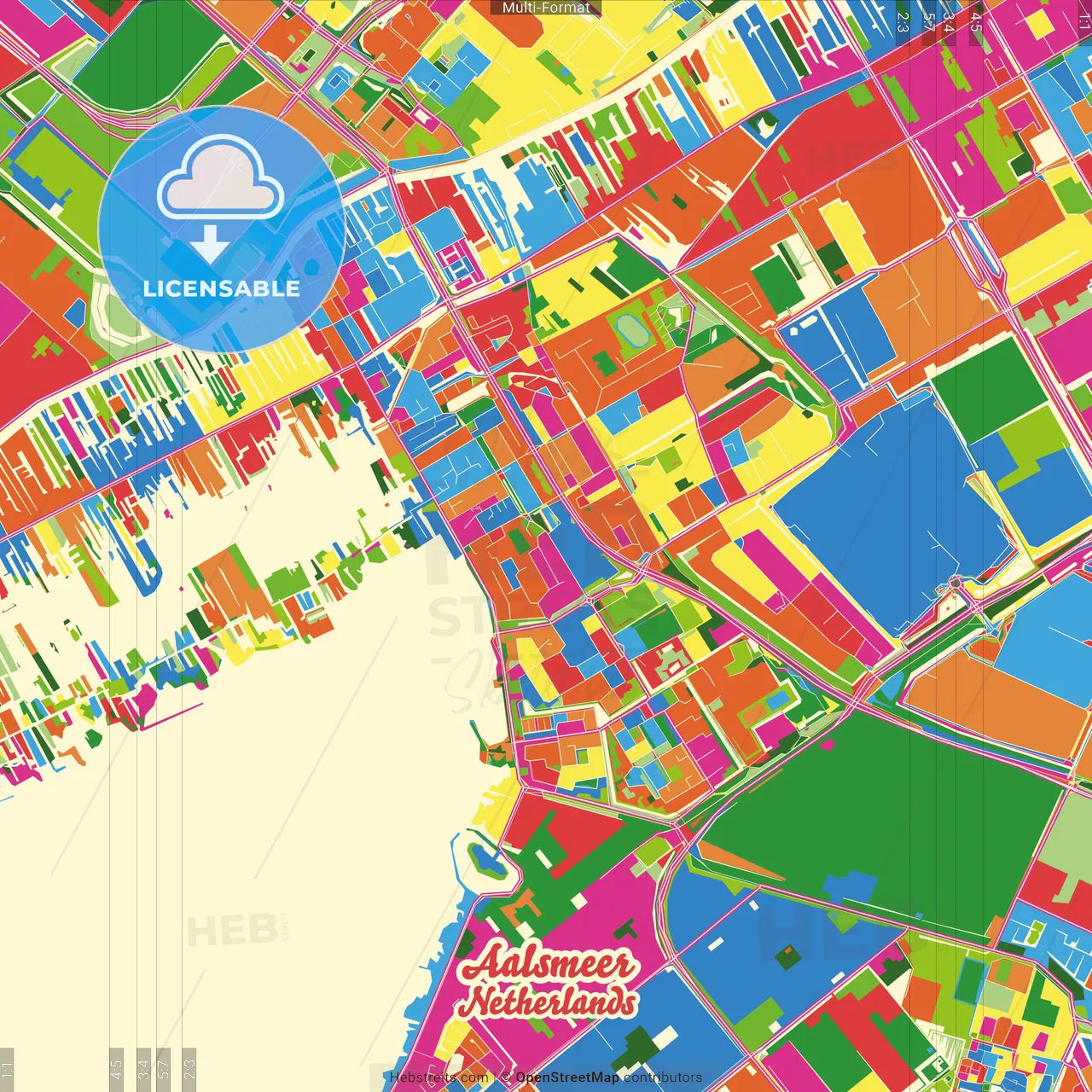Aalsmeer, North Holland, Netherlands Crazy Colorful Street Map Poster Template