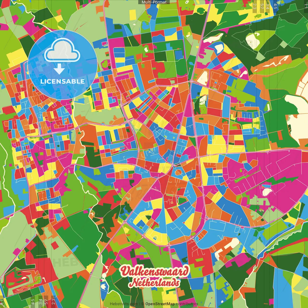 Valkenswaard, North Brabant, Netherlands Crazy Colorful Street Map Poster Template