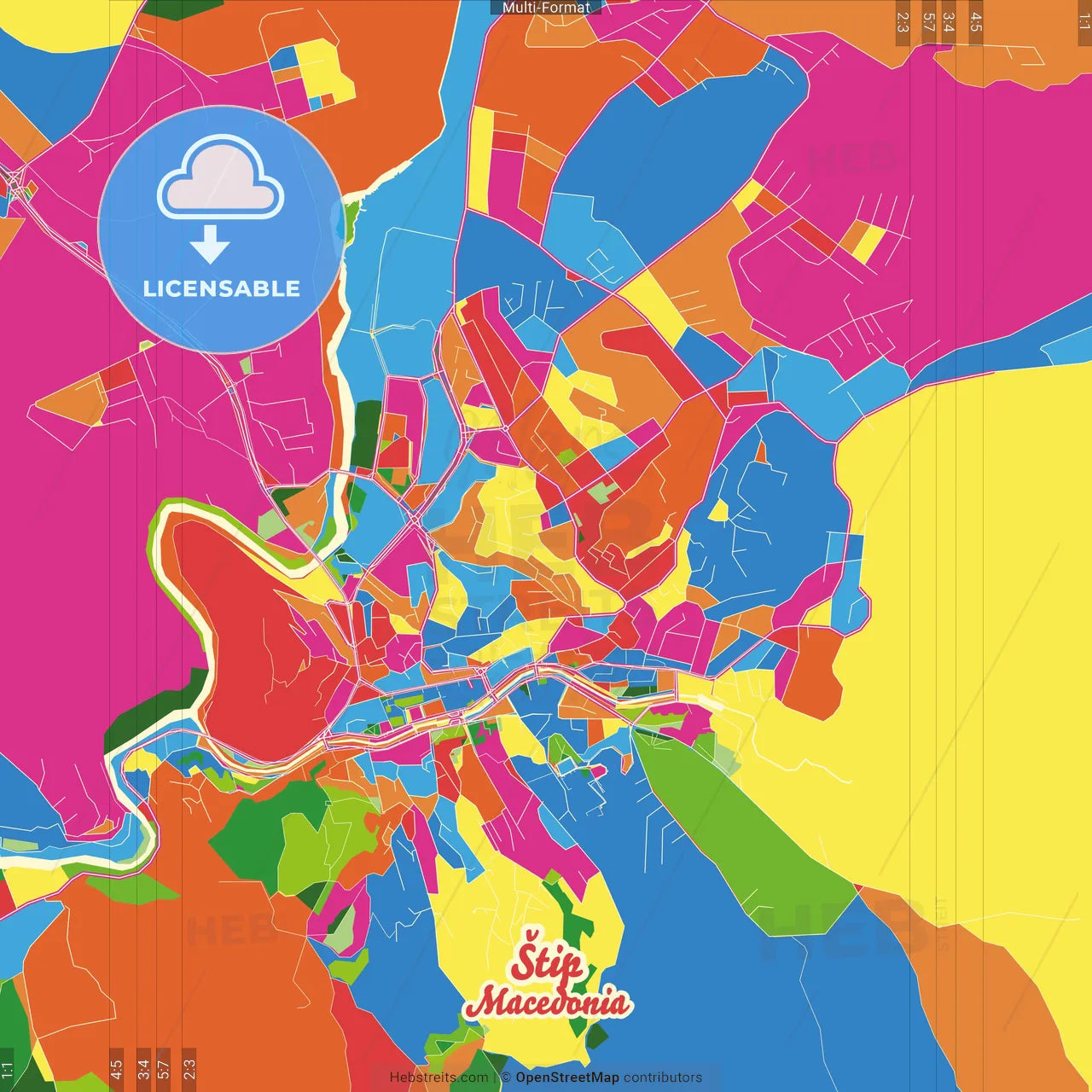 Štip, North Macedonia Crazy Colorful Street Map Poster Template
