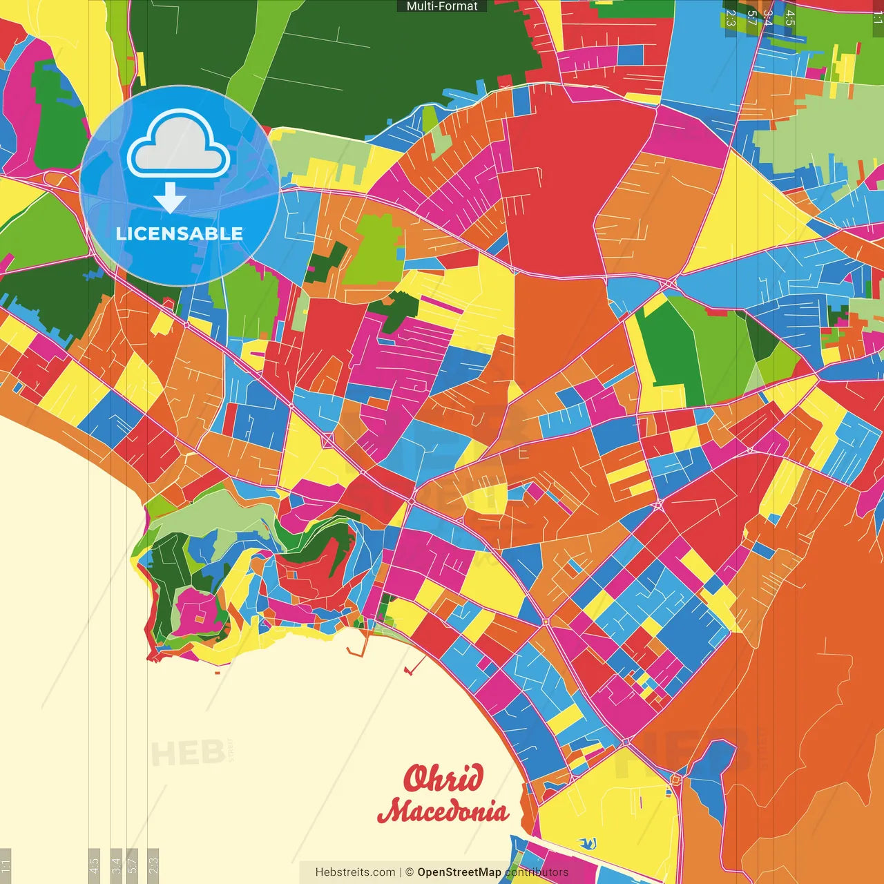 Ohrid, North Macedonia Crazy Colorful Street Map Poster Template