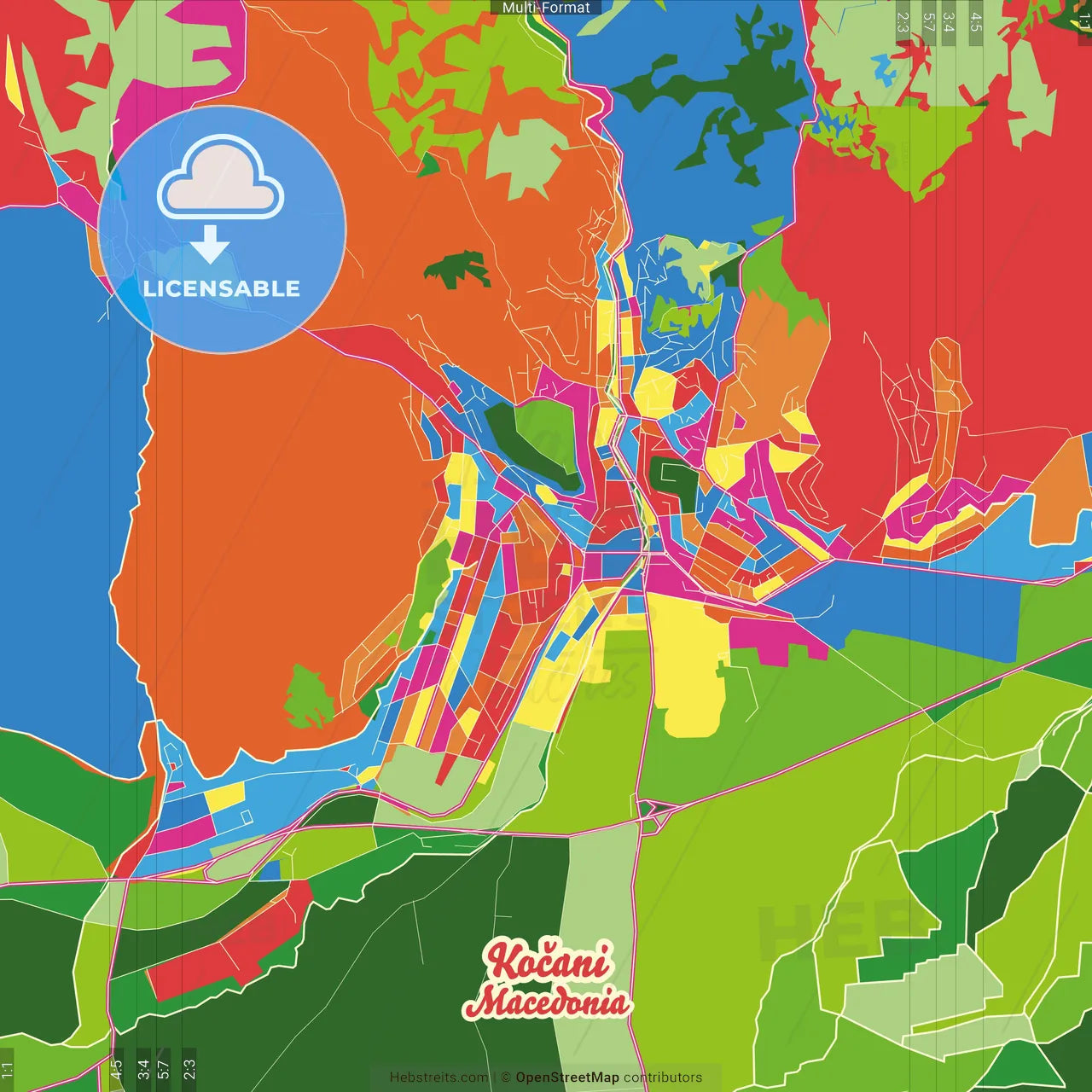 Kočani, North Macedonia Crazy Colorful Street Map Poster Template