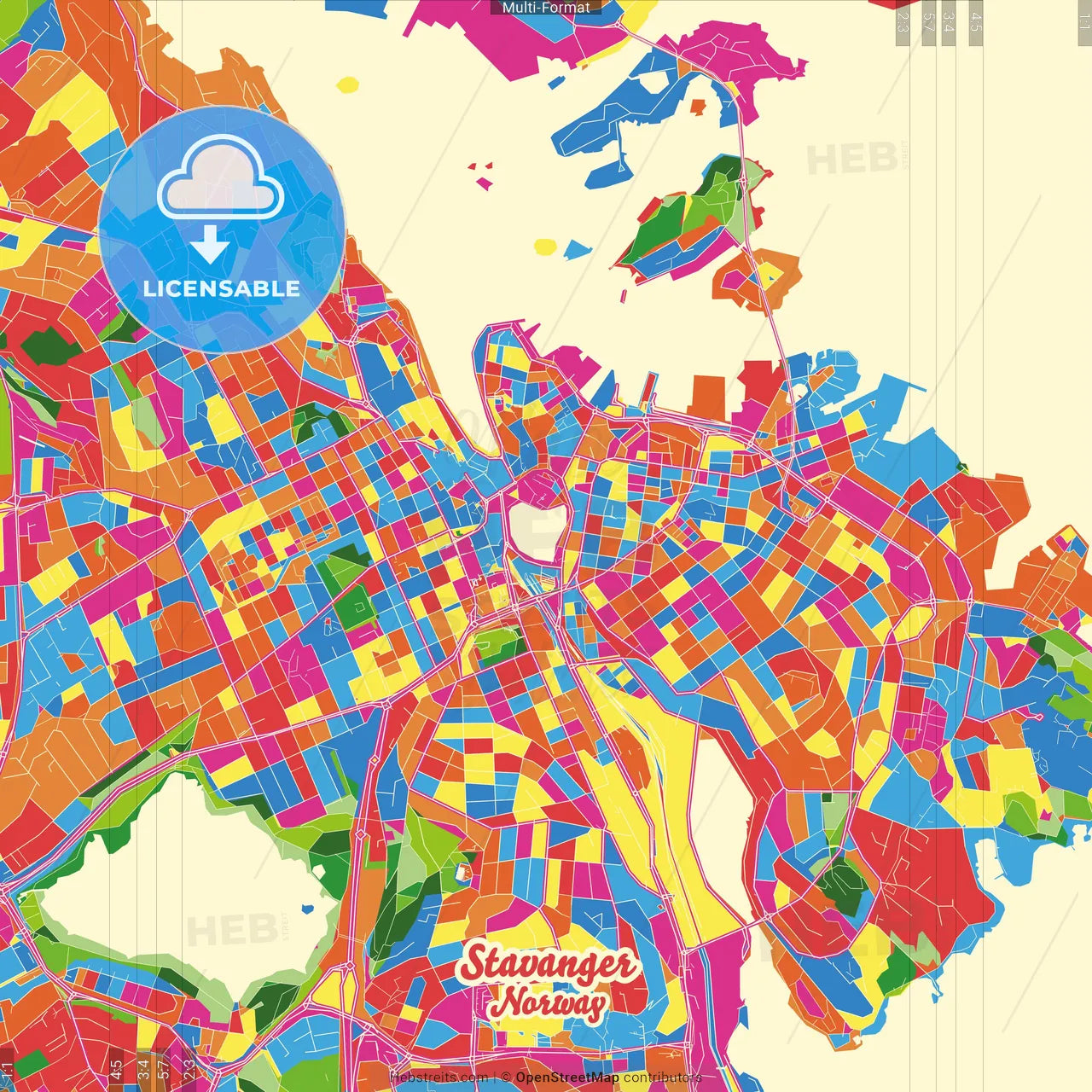Stavanger, Rogaland, Norway Crazy Colorful Street Map Poster Template