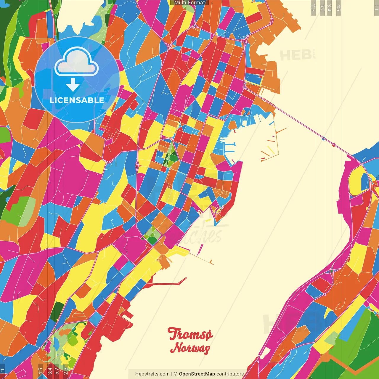 Tromsø, Troms, Norway Crazy Colorful Street Map Poster Template