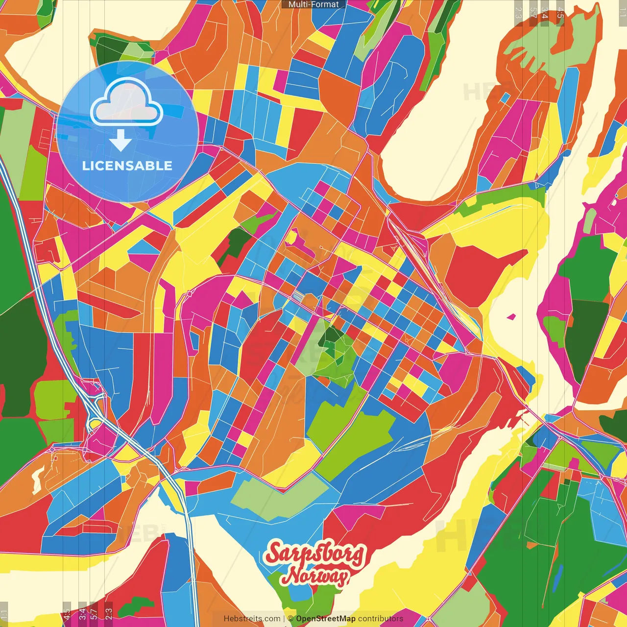 Sarpsborg, Østfold, Norway Crazy Colorful Street Map Poster Template