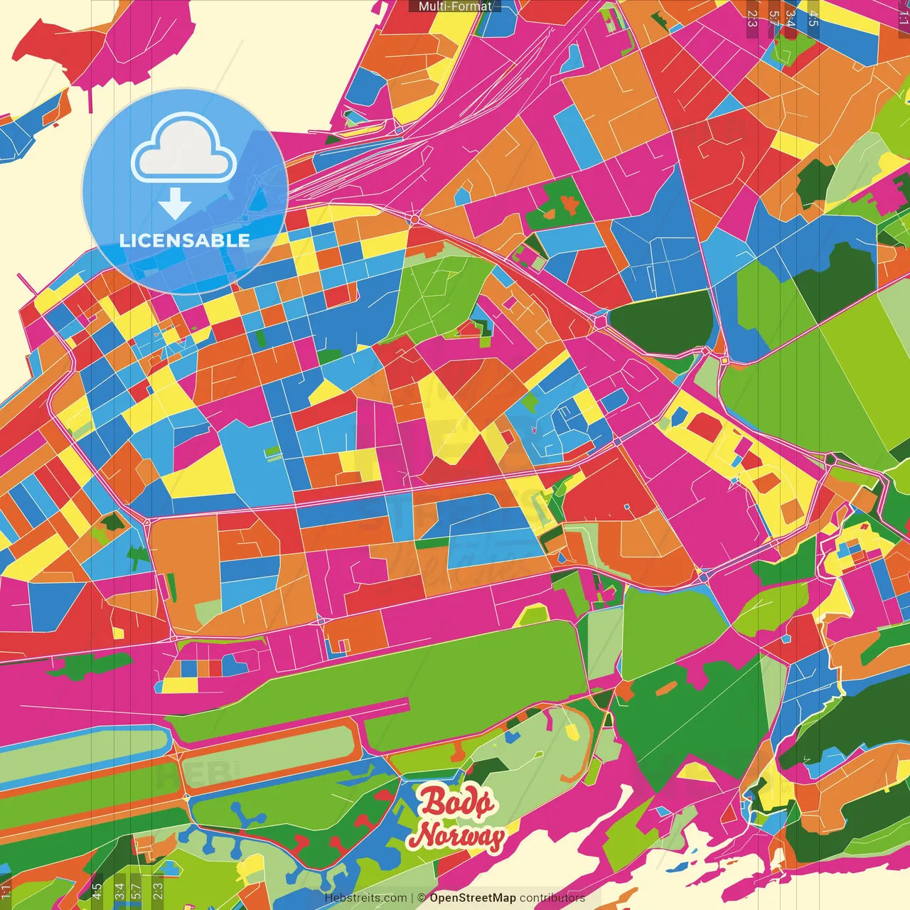 Bodø, Nordland, Norway Crazy Colorful Street Map Poster Template