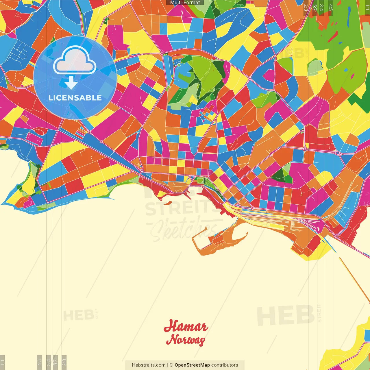 Hamar, Hedmark, Norway Crazy Colorful Street Map Poster Template