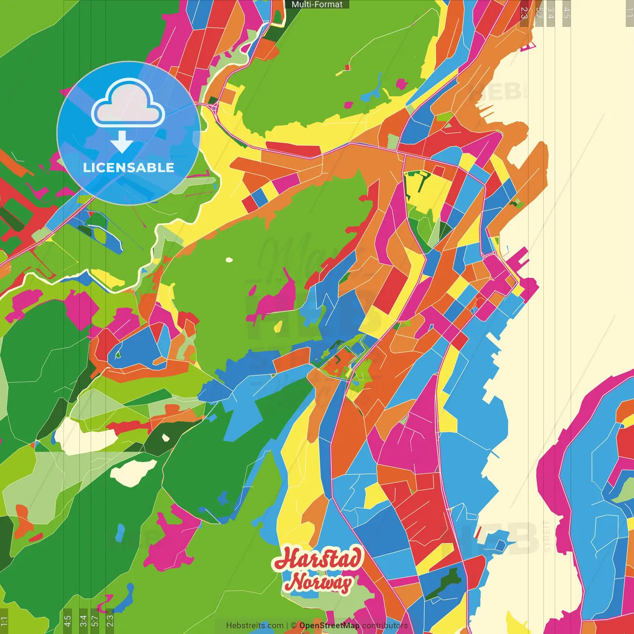 Harstad, Troms, Norway Crazy Colorful Street Map Poster Template