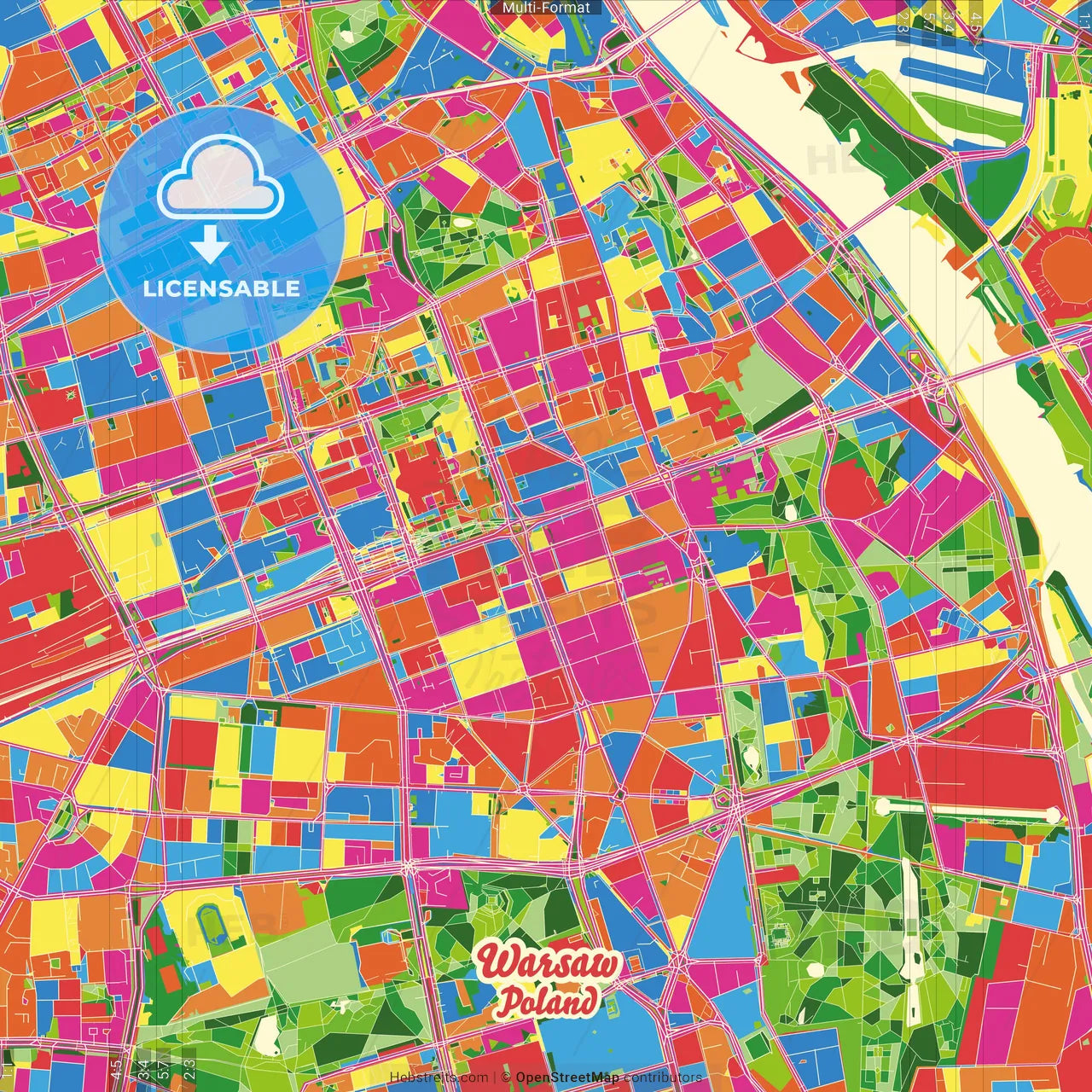 Warsaw, Masovian, Poland Crazy Colorful Street Map Poster Template