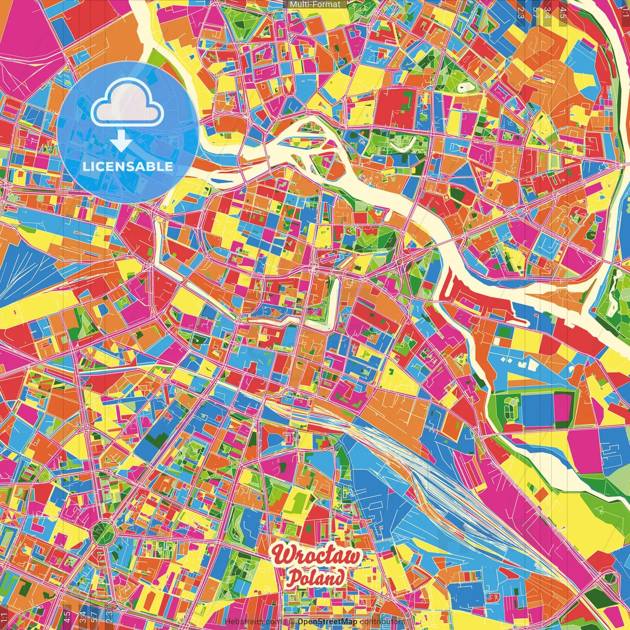 Wrocław, Lower Silesian, Poland Crazy Colorful Street Map Poster Template