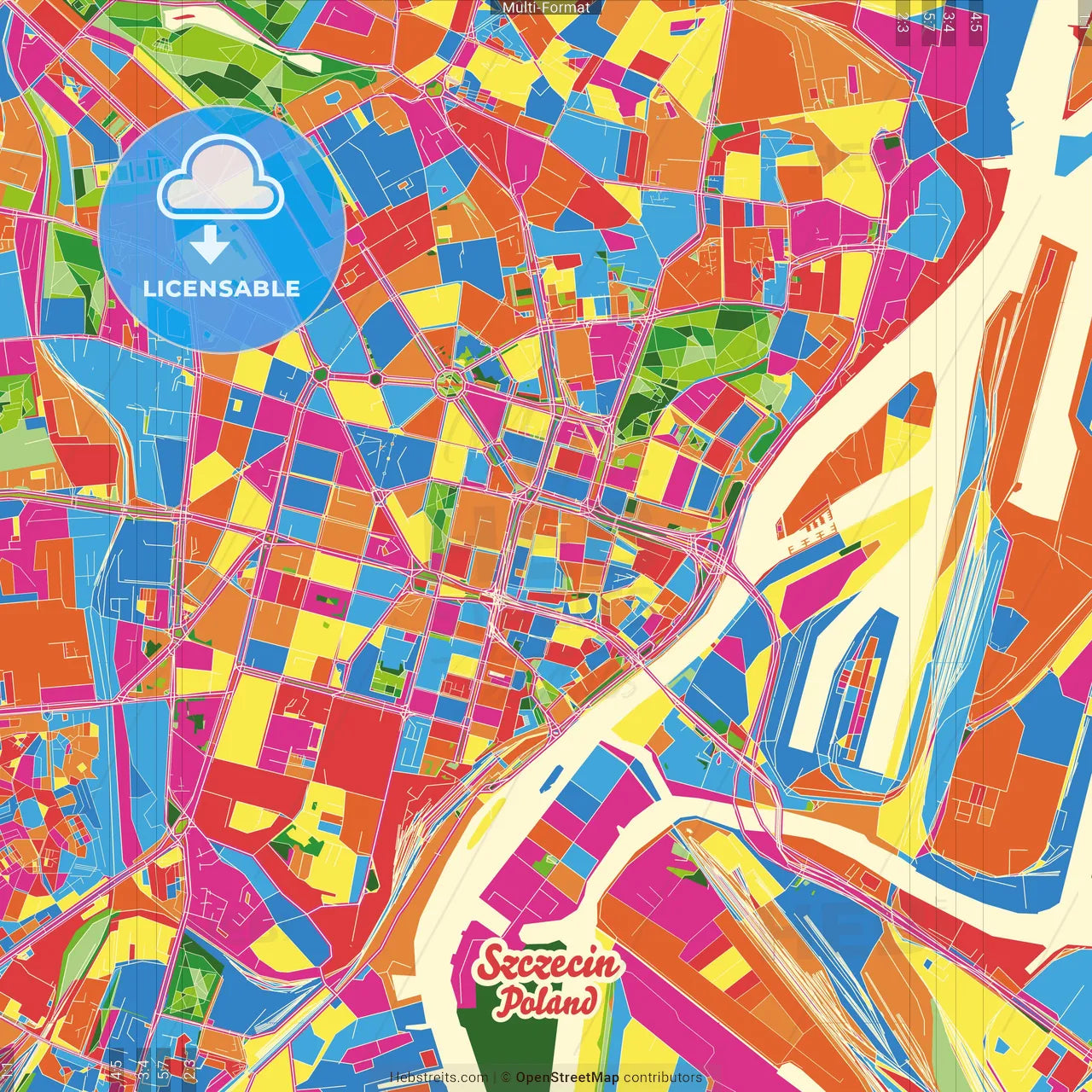 Szczecin, West Pomeranian, Poland Crazy Colorful Street Map Poster Template