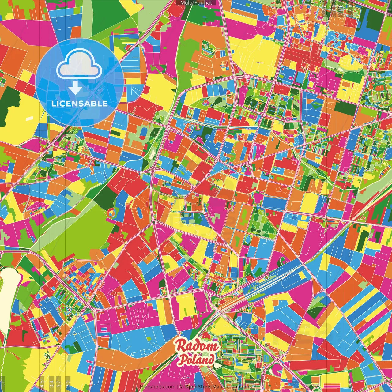 Radom, Masovian, Poland Crazy Colorful Street Map Poster Template