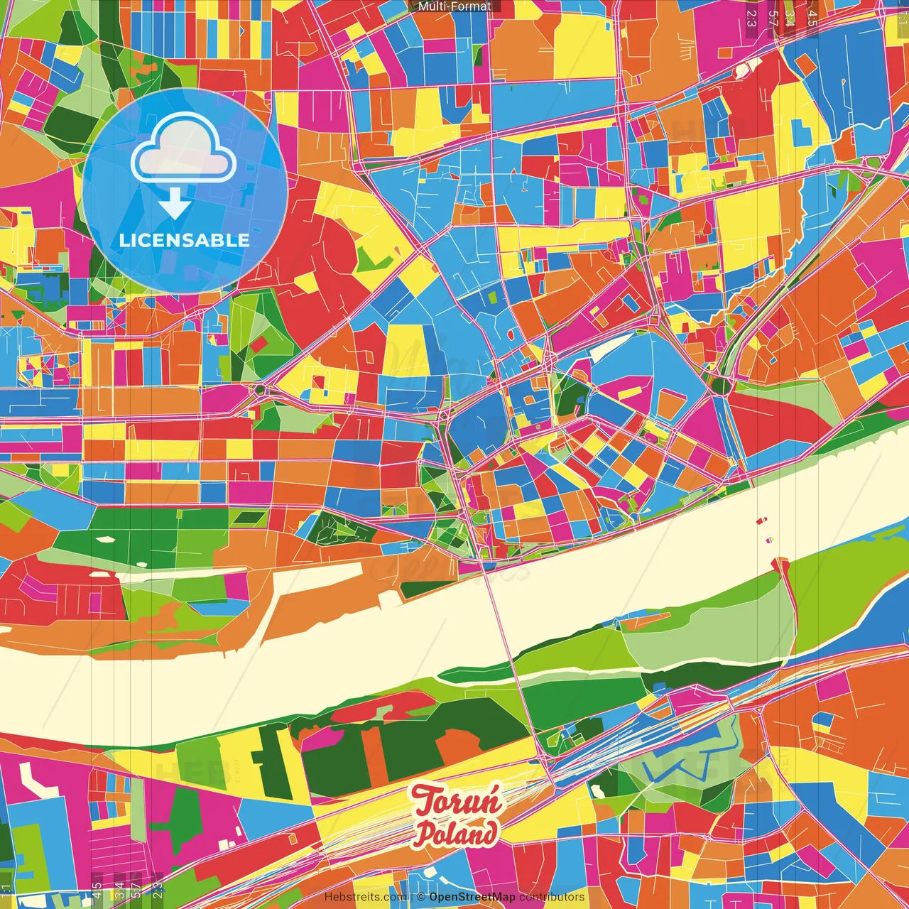 Toruń, Kuyavian-Pomeranian, Poland Crazy Colorful Street Map Poster Template