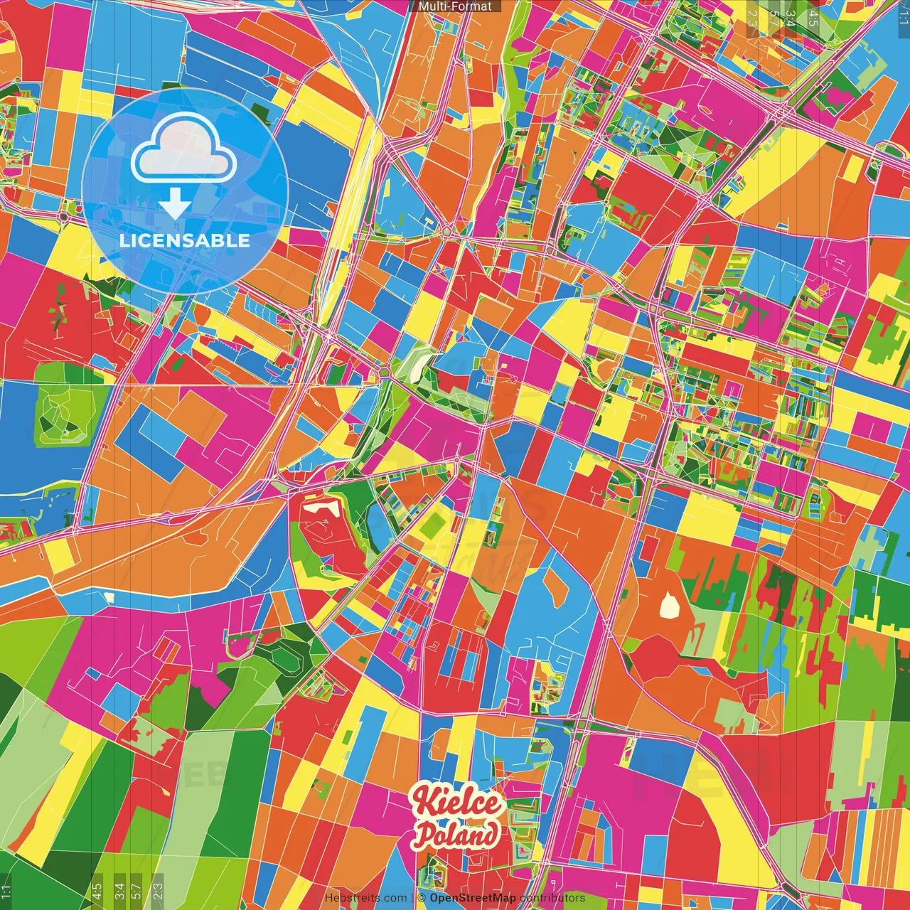 Kielce, Świętokrzyskie, Poland Crazy Colorful Street Map Poster Template