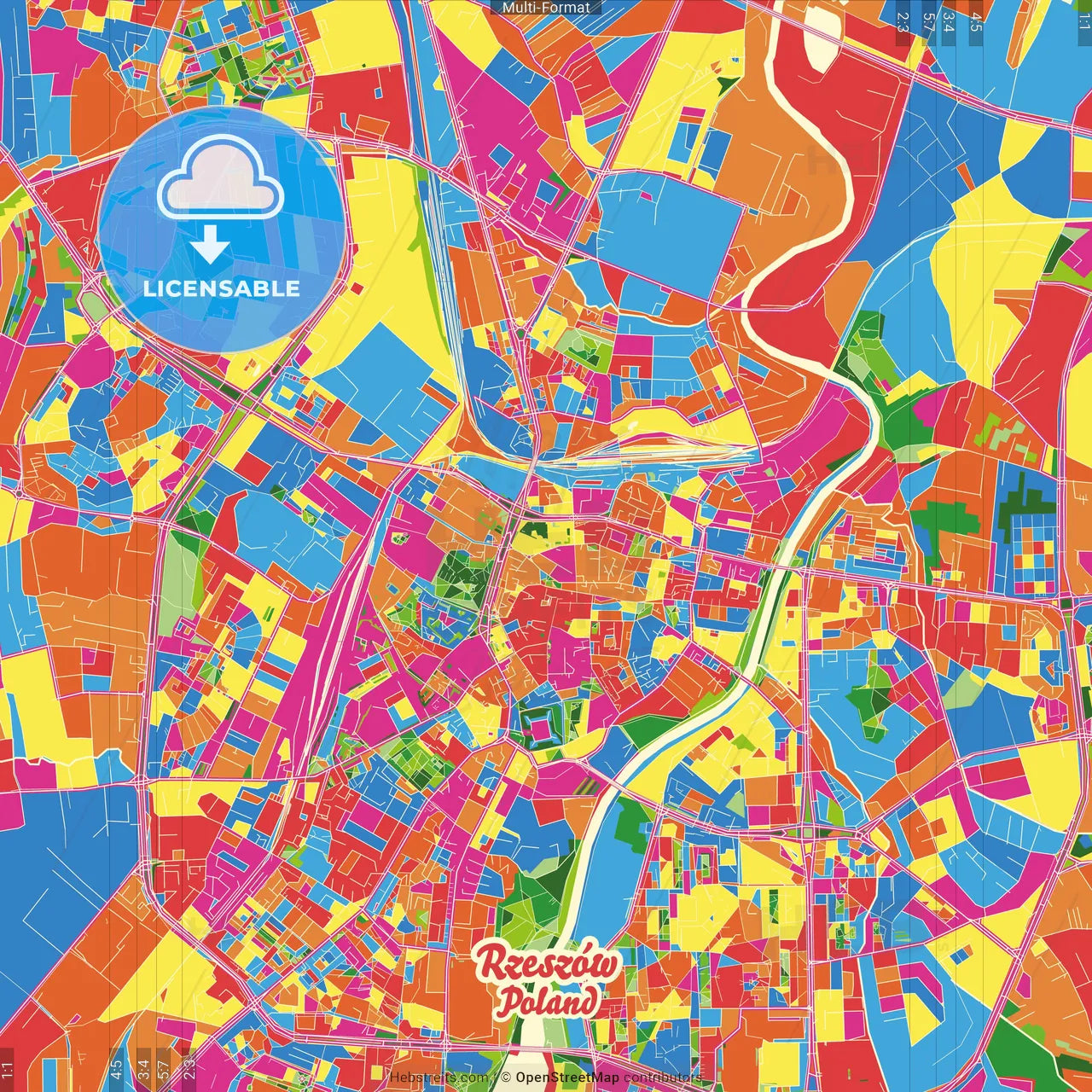 Rzeszów, Podkarpackie, Poland Crazy Colorful Street Map Poster Template
