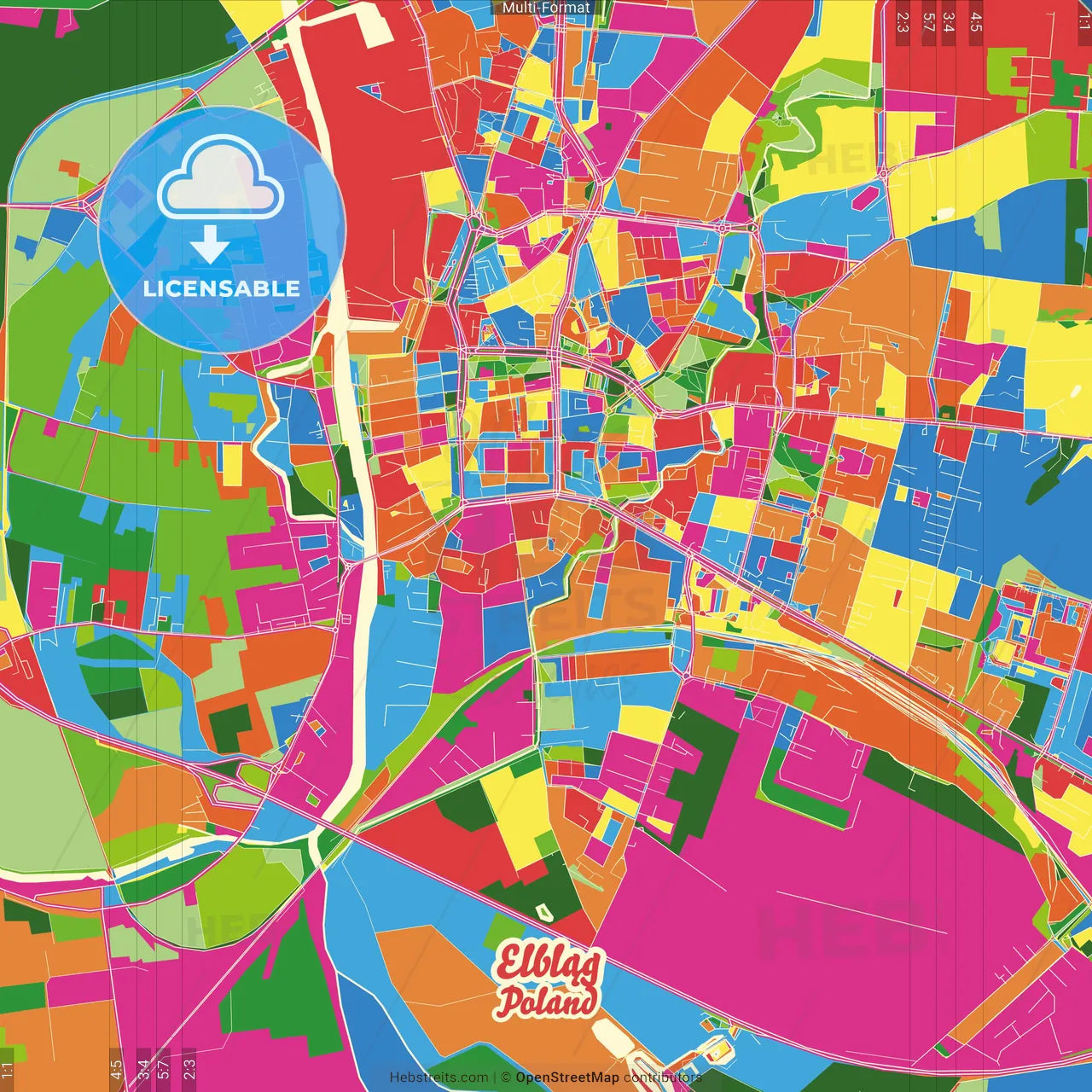 Elbląg, Warmian-Masurian, Poland Crazy Colorful Street Map Poster Template