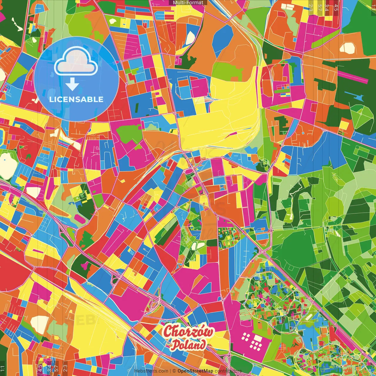 Chorzów, Silesian, Poland Crazy Colorful Street Map Poster Template