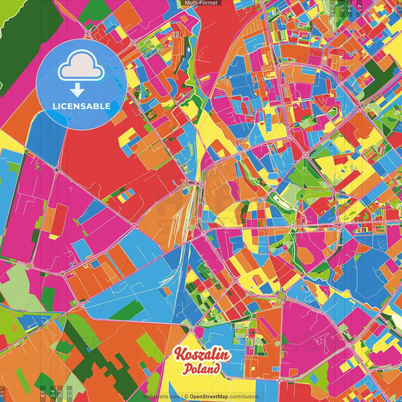 Koszalin, West Pomeranian, Poland Crazy Colorful Street Map Poster Template