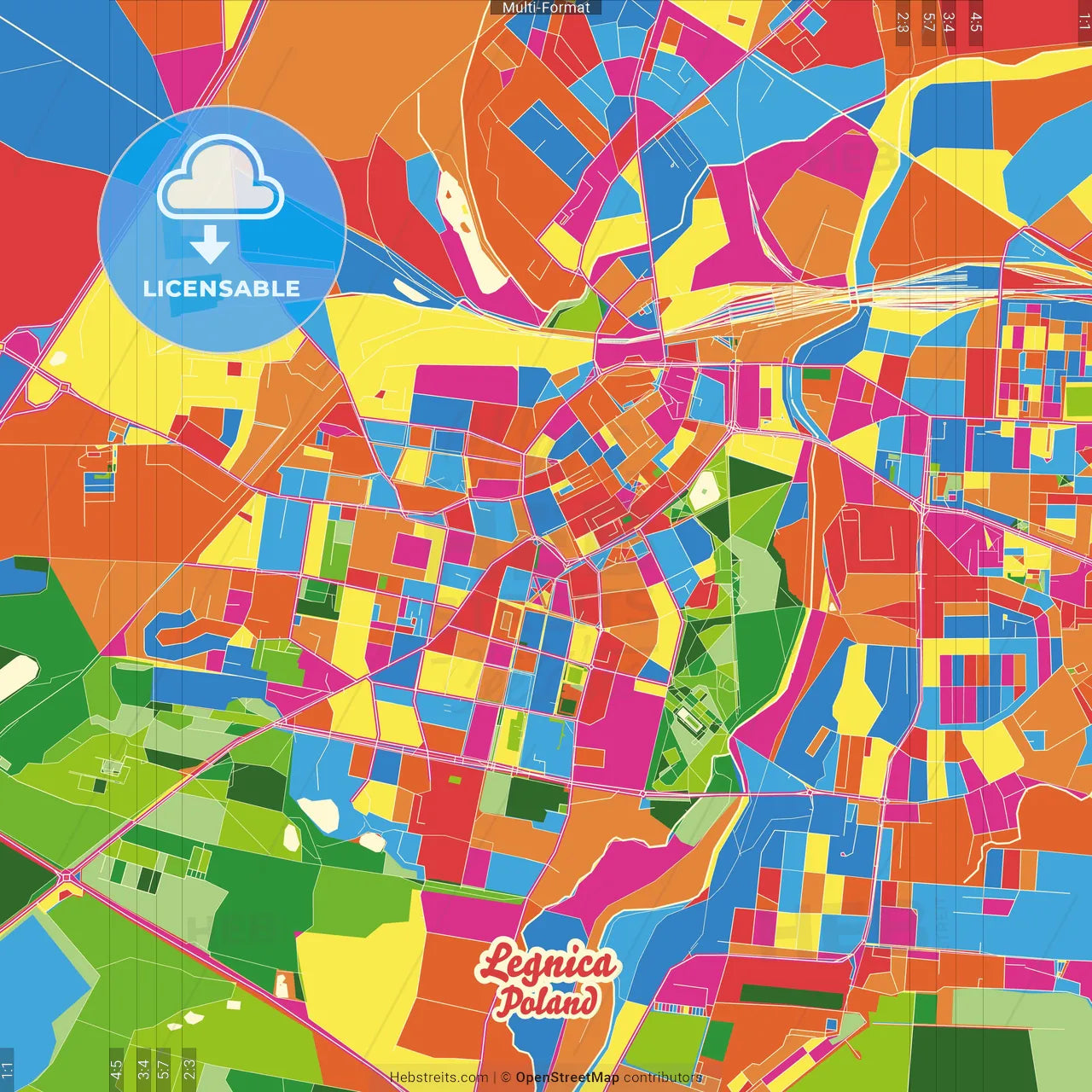 Legnica, Lower Silesian, Poland Crazy Colorful Street Map Poster Template