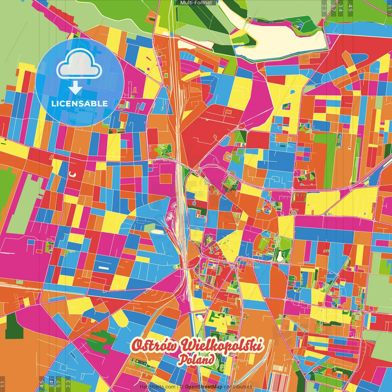 Ostrów Wielkopolski, Greater Poland, Poland Crazy Colorful Street Map Poster Template