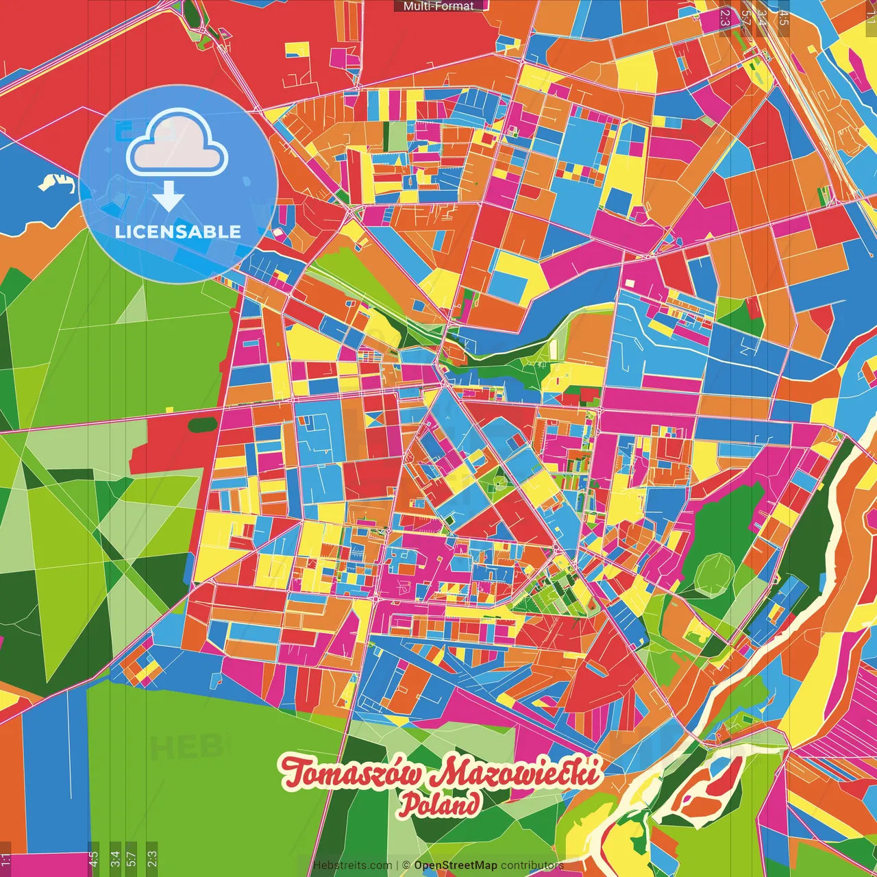 Tomaszów Mazowiecki, Łódź, Poland Crazy Colorful Street Map Poster Template