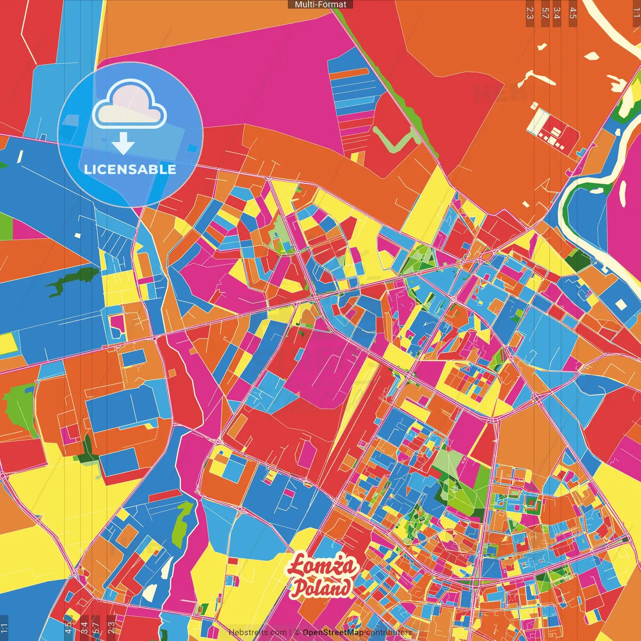 Łomża, Podlaskie, Poland Crazy Colorful Street Map Poster Template