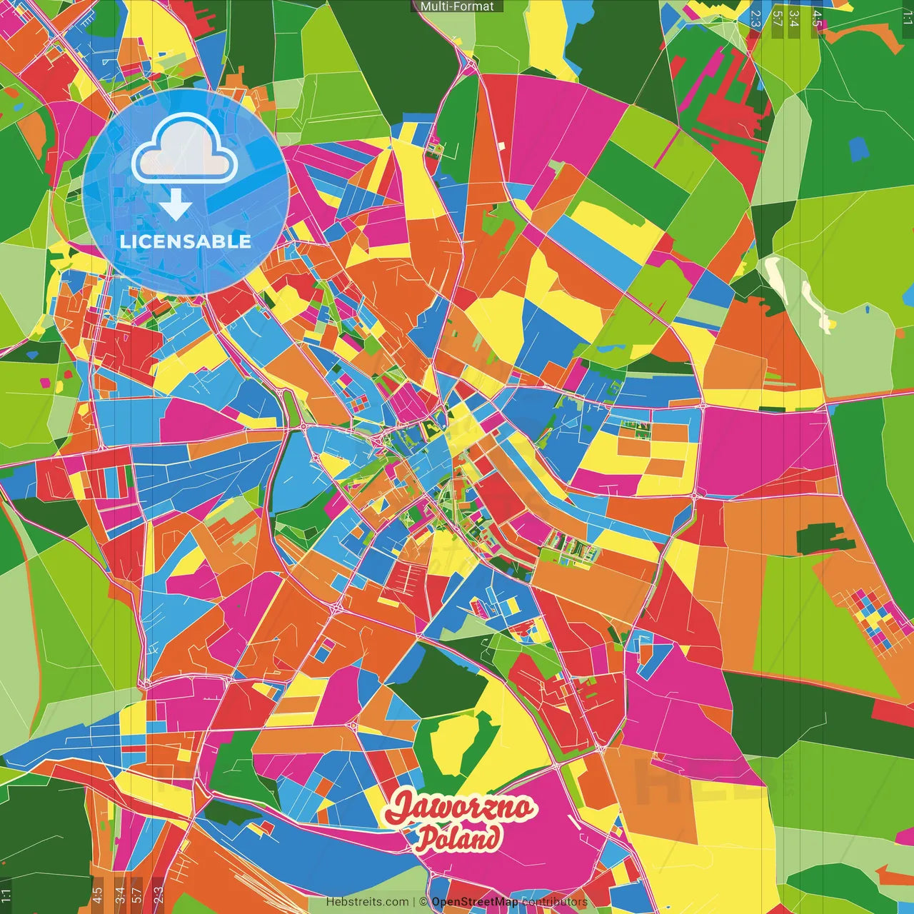 Jaworzno, Silesian, Poland Crazy Colorful Street Map Poster Template