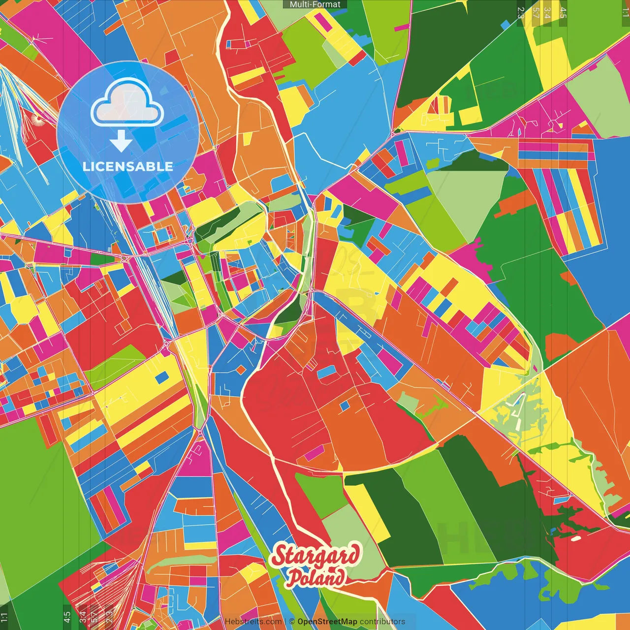 Stargard, West Pomeranian, Poland Crazy Colorful Street Map Poster Template