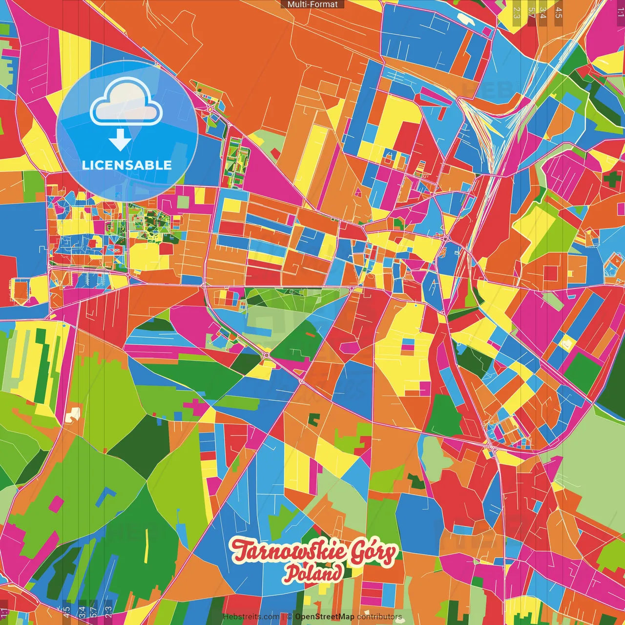 Tarnowskie Góry, Silesian, Poland Crazy Colorful Street Map Poster Template