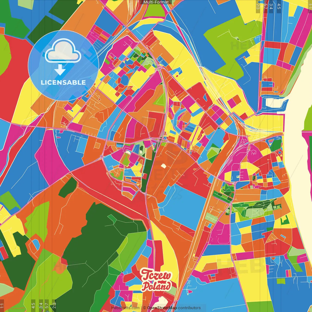 Tczew, Pomeranian, Poland Crazy Colorful Street Map Poster Template