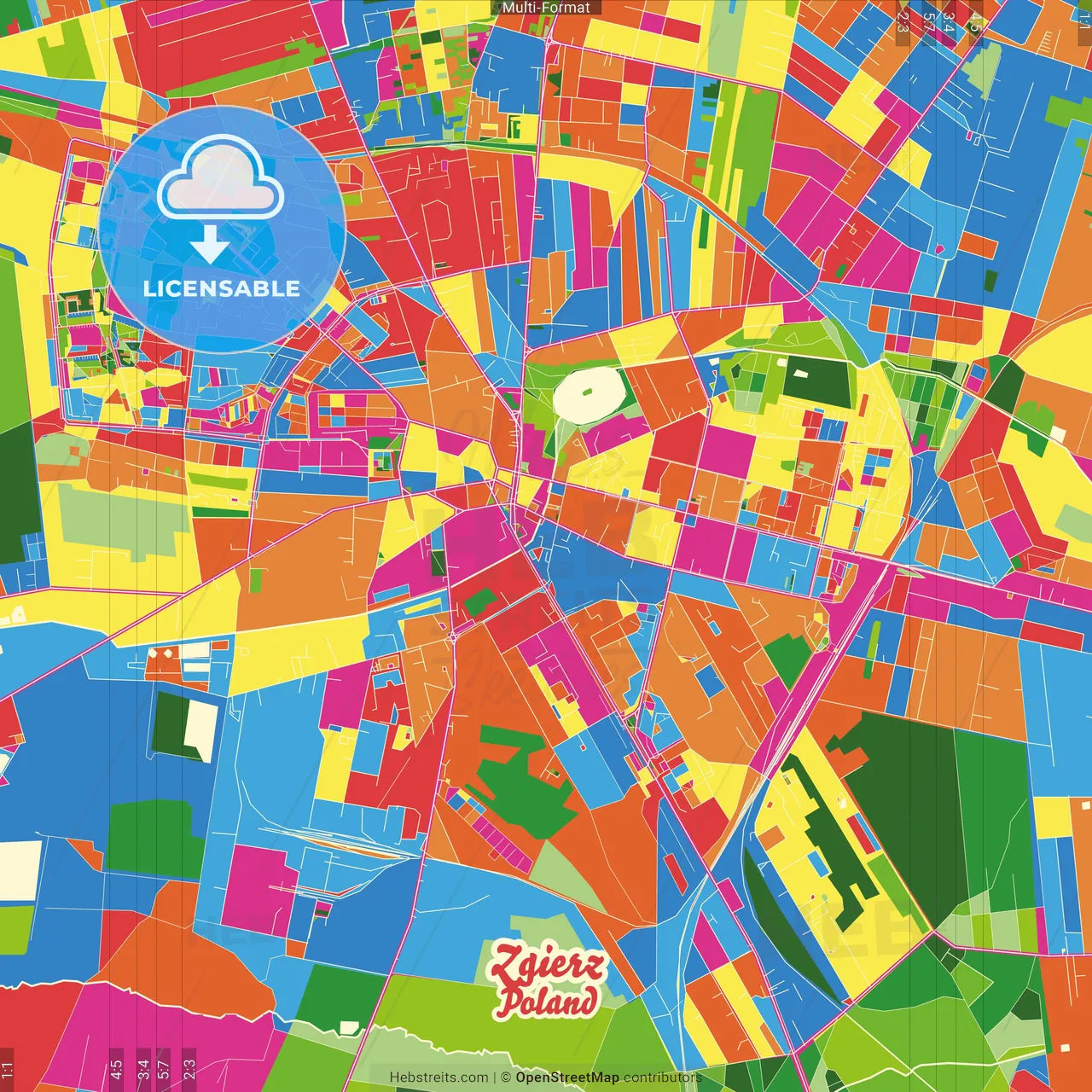 Zgierz, Łódź, Poland Crazy Colorful Street Map Poster Template