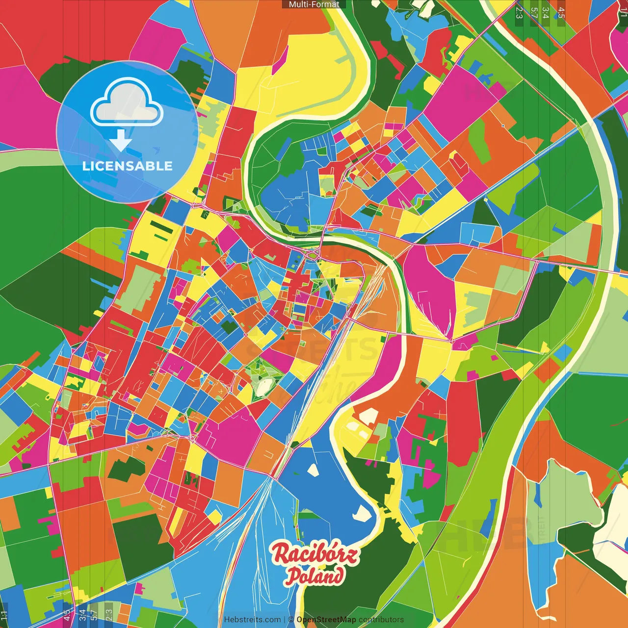 Racibórz, Silesian, Poland Crazy Colorful Street Map Poster Template