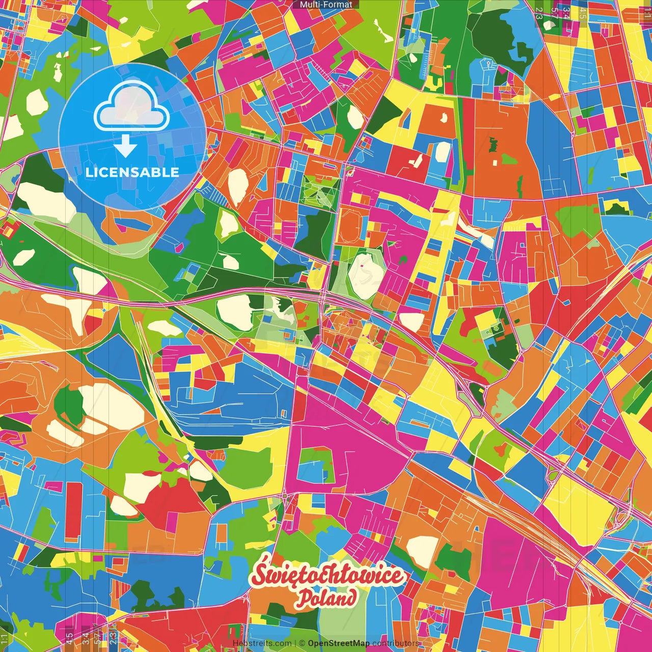 Świętochłowice, Silesian, Poland Crazy Colorful Street Map Poster Template