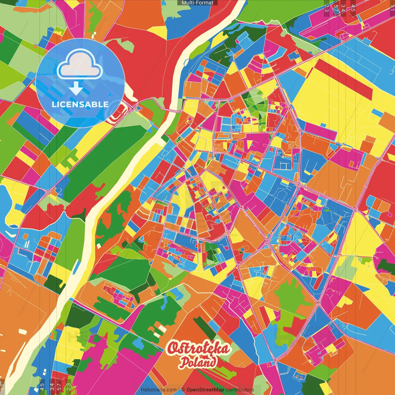 Ostrołęka, Masovian, Poland Crazy Colorful Street Map Poster Template