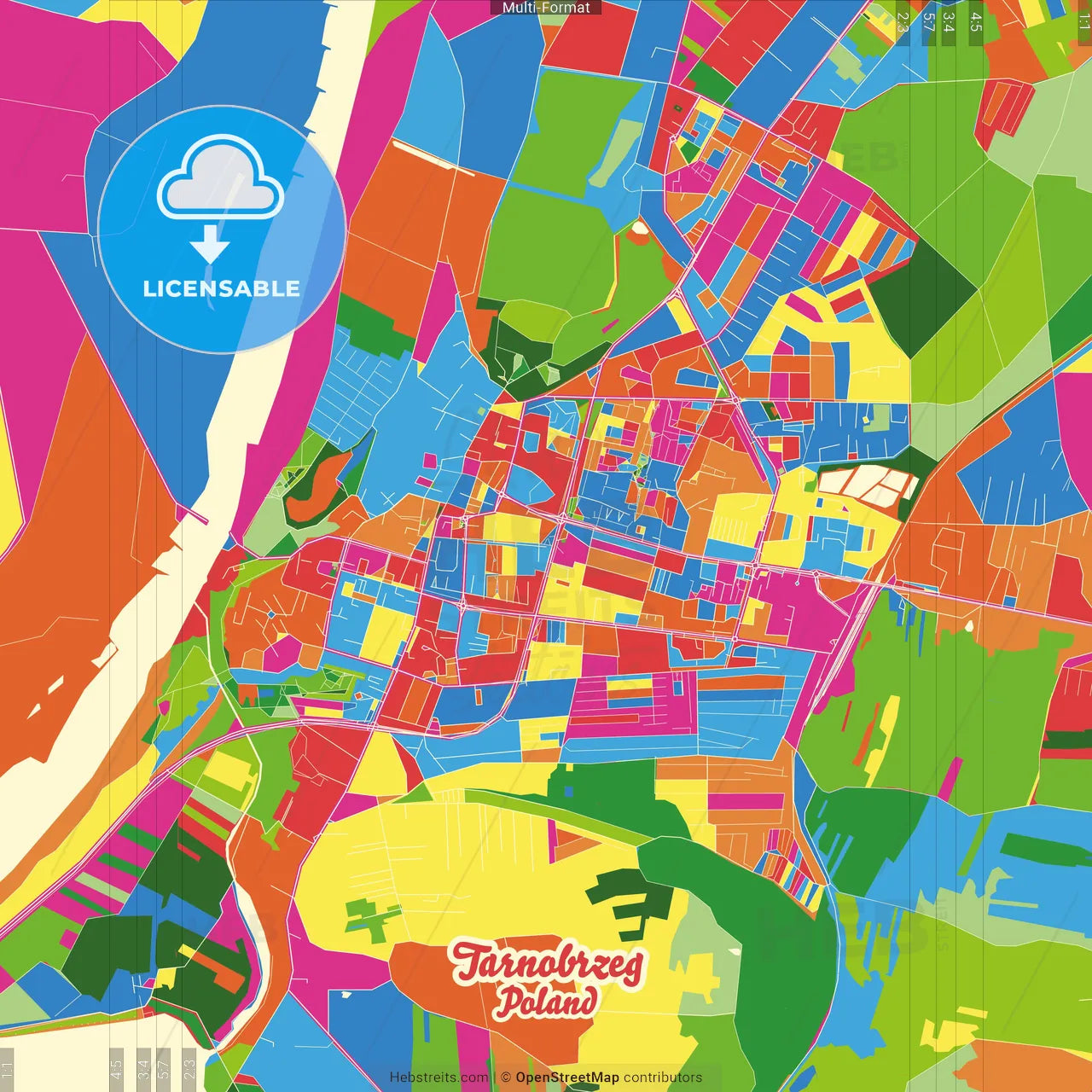 Tarnobrzeg, Podkarpackie, Poland Crazy Colorful Street Map Poster Template