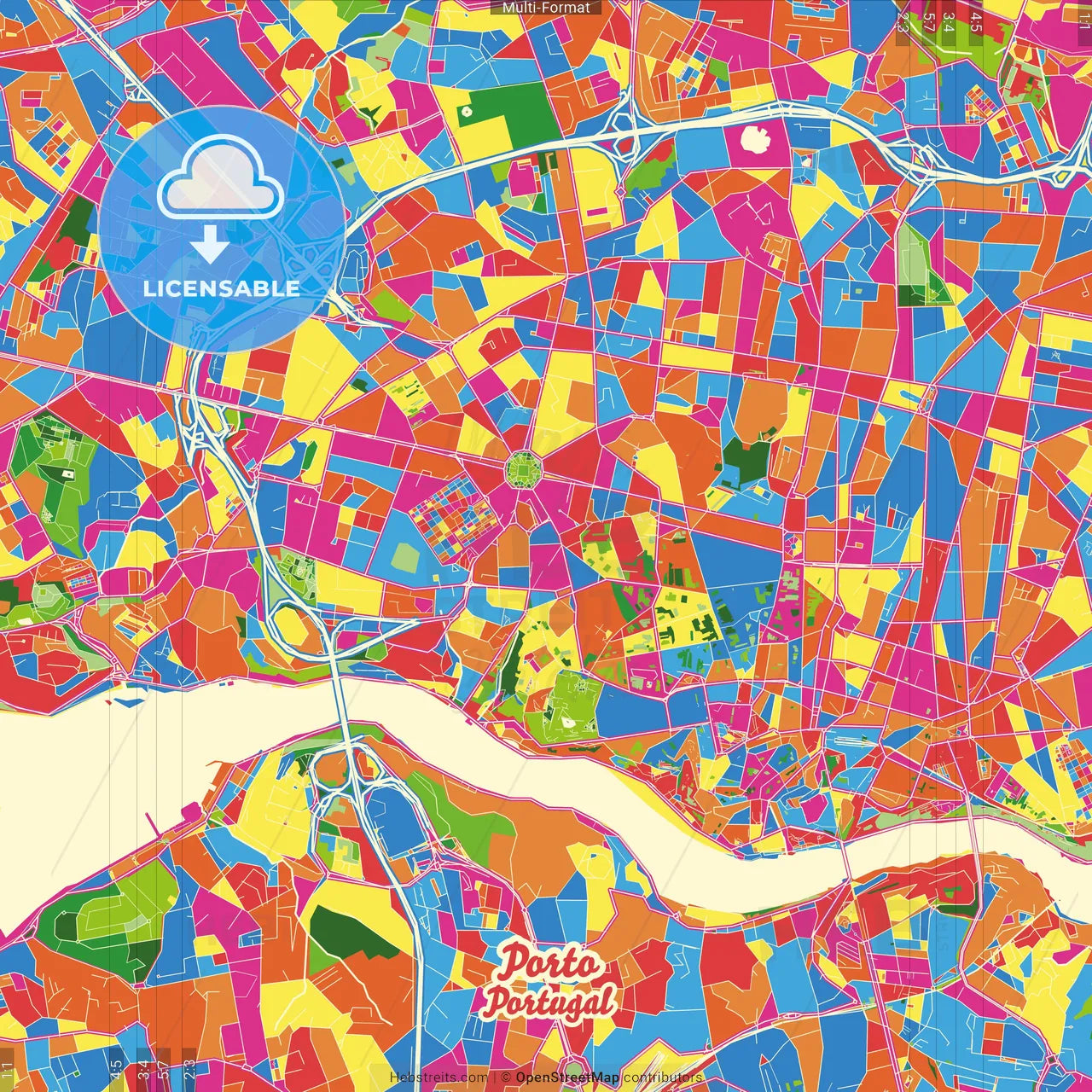Porto, Porto, Portugal Crazy Colorful Street Map Poster Template