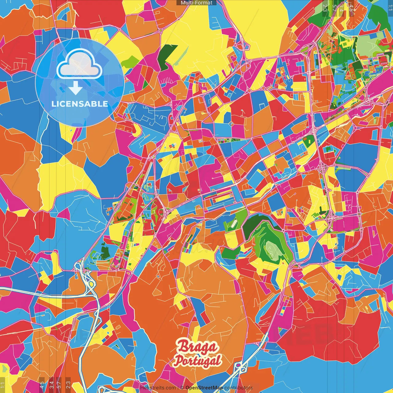 Braga, Braga, Portugal Crazy Colorful Street Map Poster Template