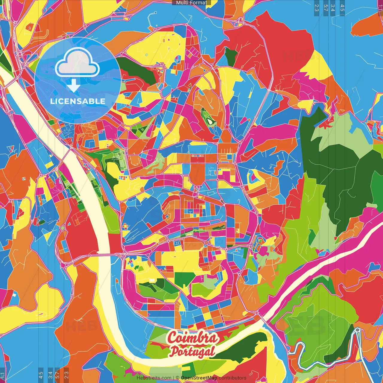 Coimbra, Coimbra, Portugal Crazy Colorful Street Map Poster Template