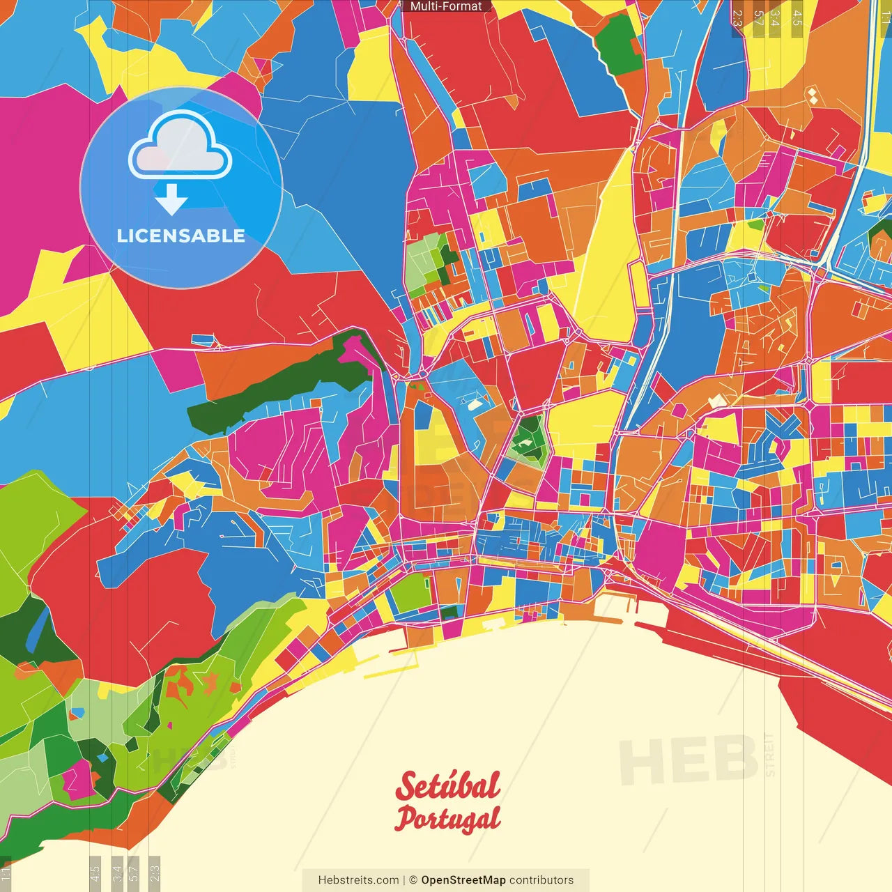 Setúbal, Setúbal, Portugal Crazy Colorful Street Map Poster Template