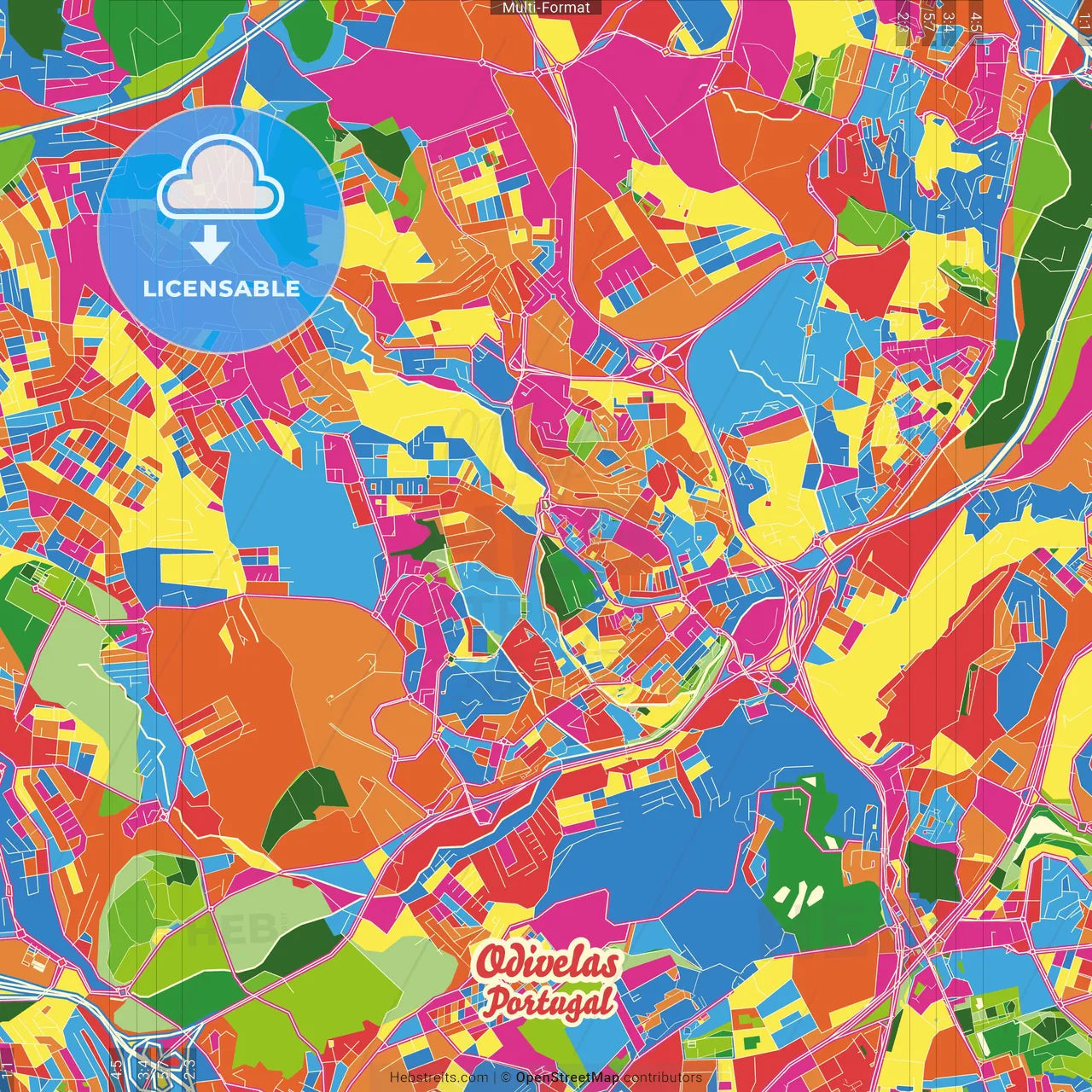 Odivelas, Lisbon, Portugal Crazy Colorful Street Map Poster Template