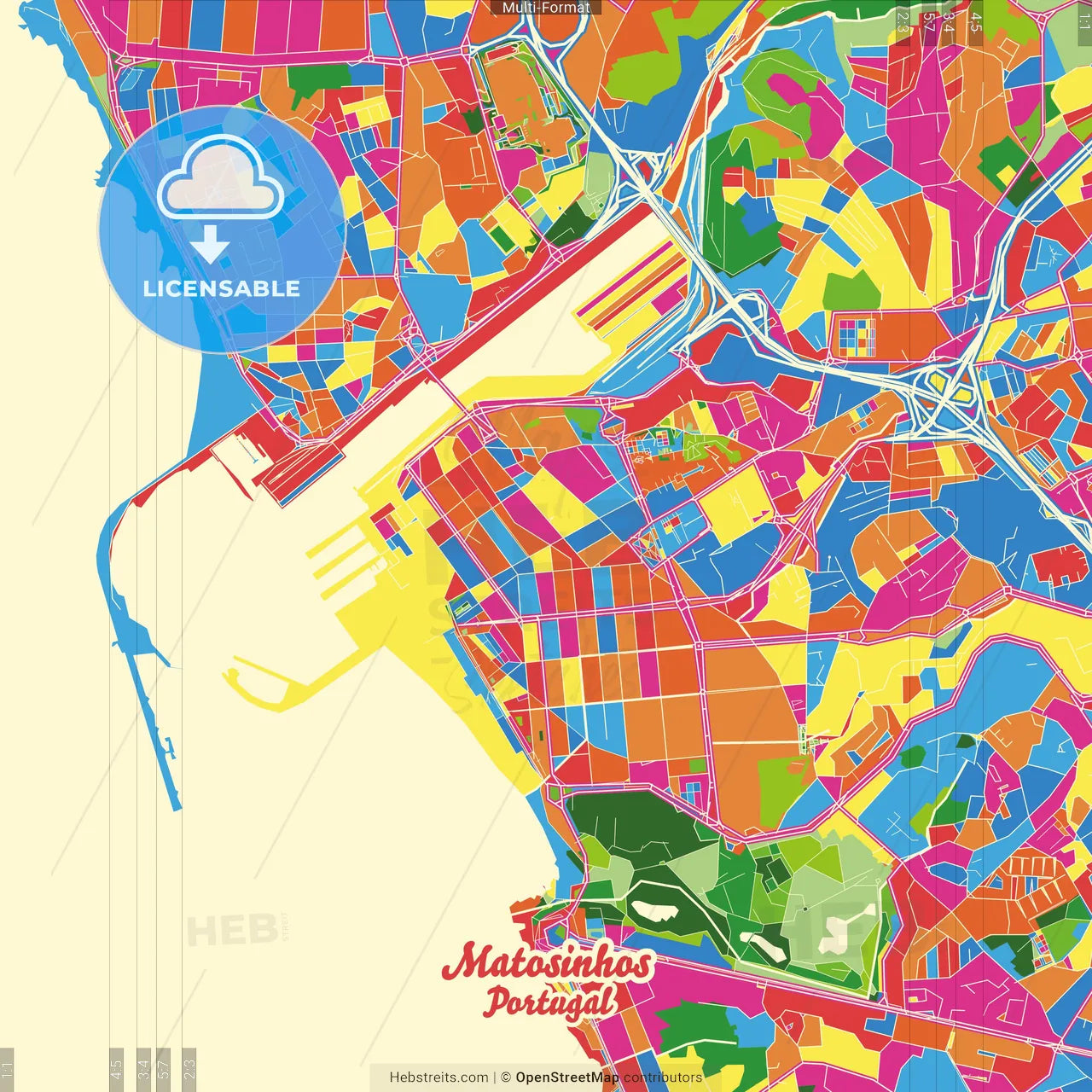 Matosinhos, Porto, Portugal Crazy Colorful Street Map Poster Template