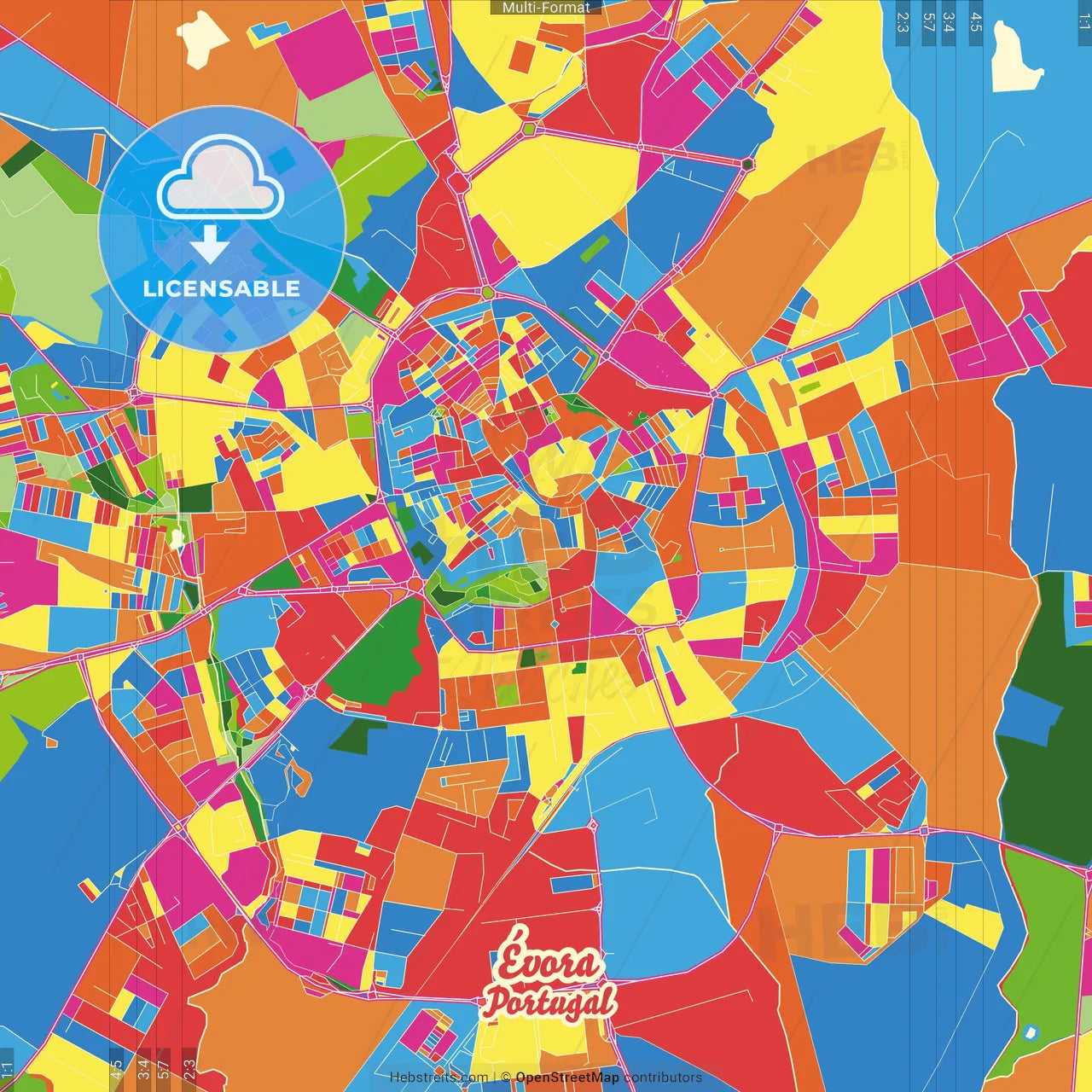 Évora, Évora, Portugal Crazy Colorful Street Map Poster Template